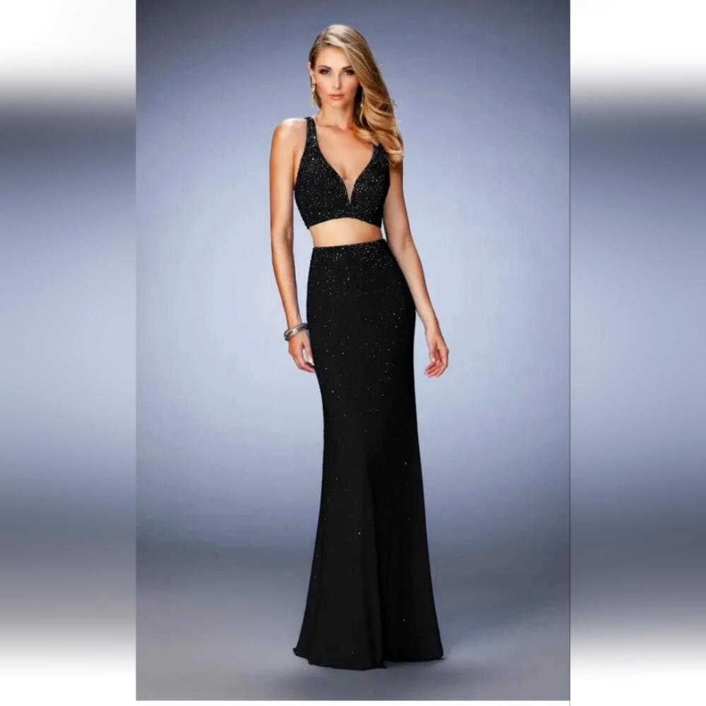 NWT LA FEMME BLACK 2 PIECE RHINESTONE DRESS US 6 PROM/FORMAL/HOMECOMING/PAGEANT